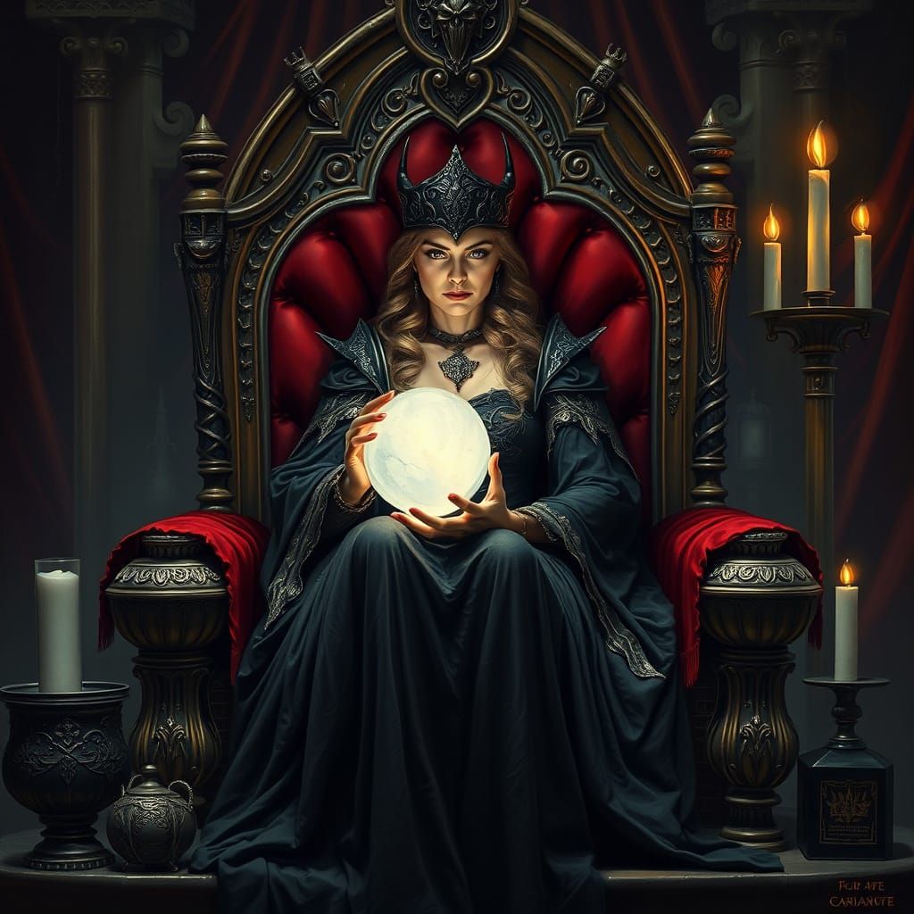 Mystical Morgana Le Fay on Throne with Crystal Ball