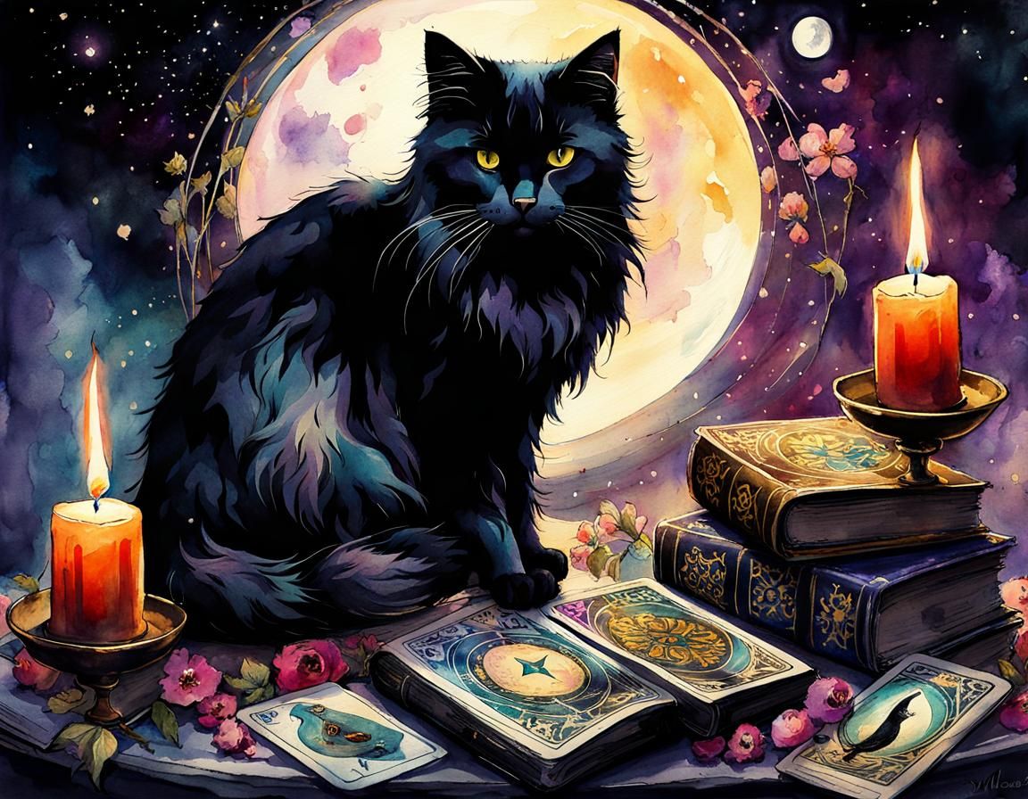 Dreamy Black Cat Witchcraft Watercolor Illustration