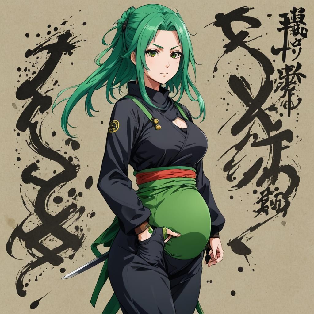 Pregnant Green-Haired Ninja in Anime Style