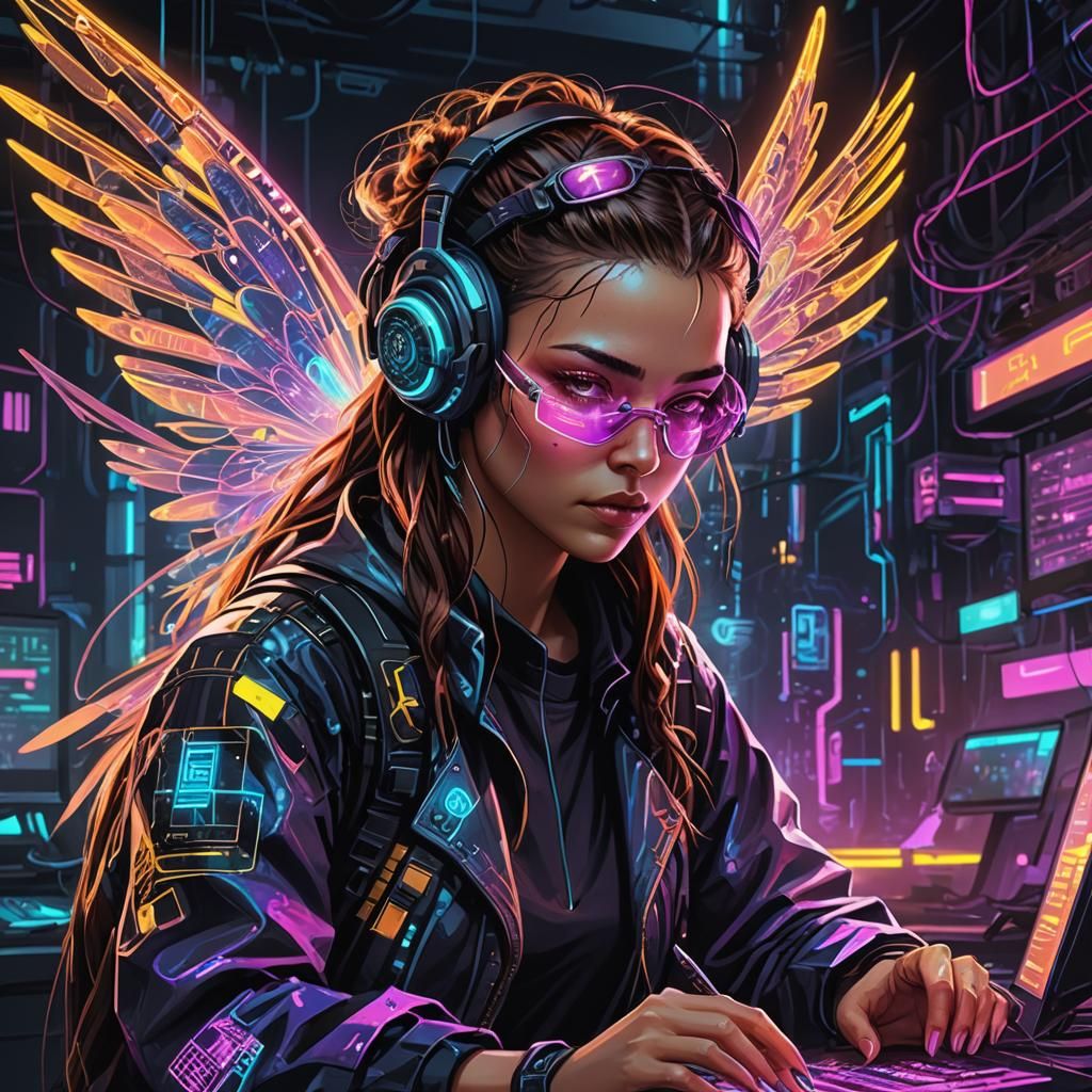 Cyberpunk Fairy Hacker in Neon Lab