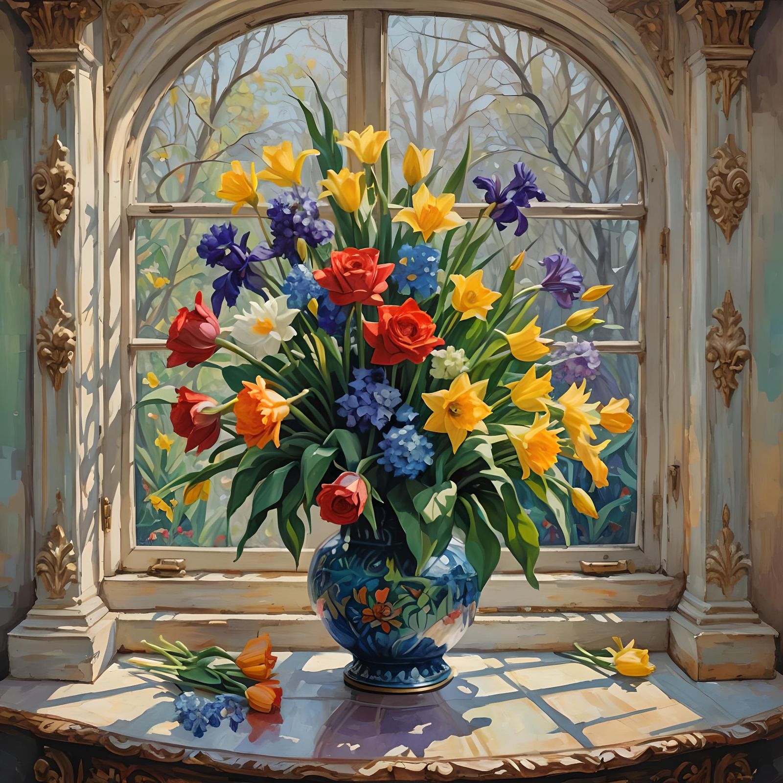 Rainbow Bouquet in Gouache Style Impressionist Painting