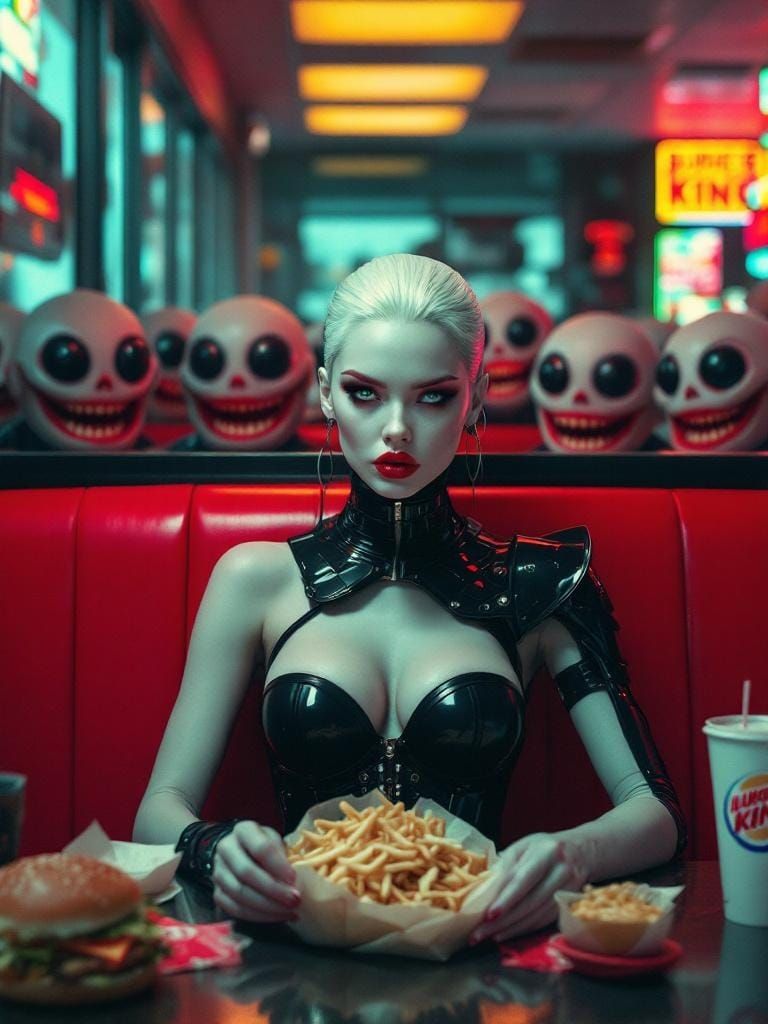 Glamorous Woman in Dystopian Burger King, Cyber-Surrealist A...
