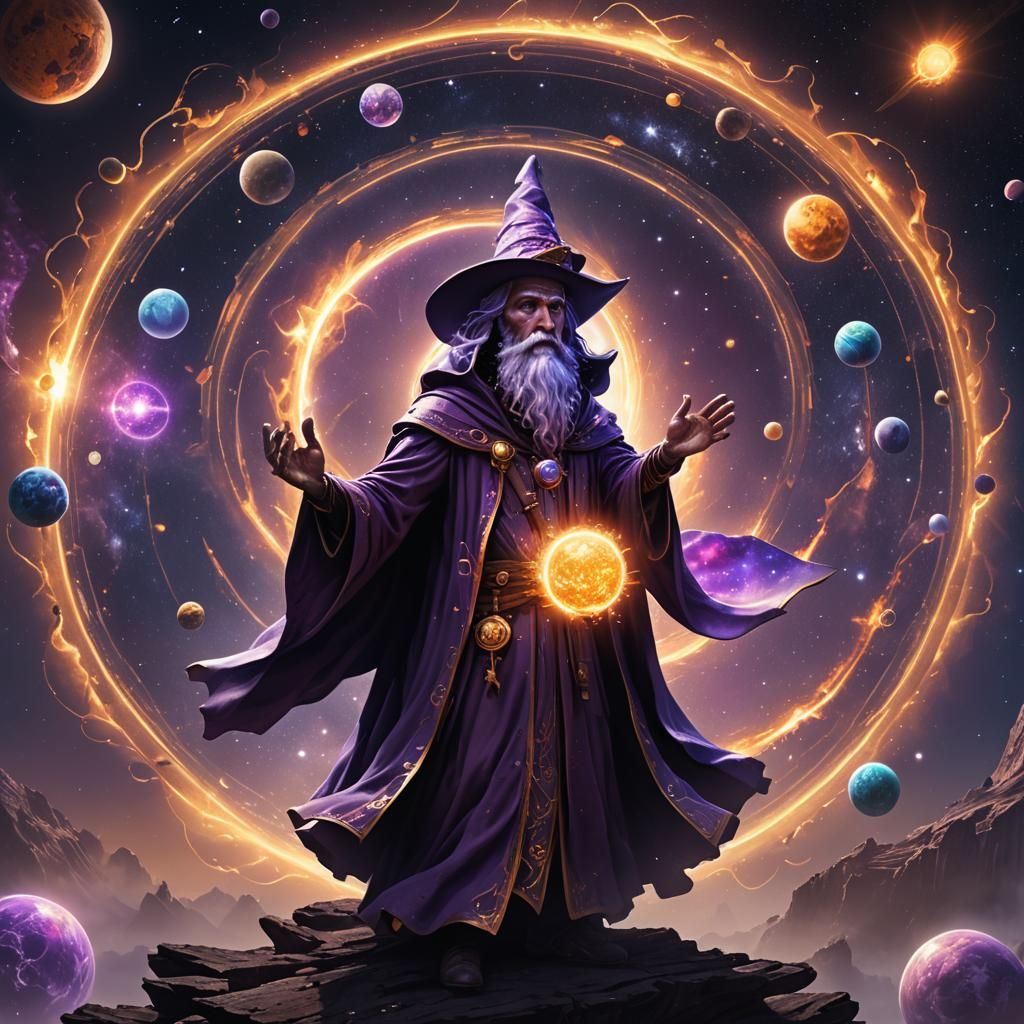 wizard with a galaxy holding the sun