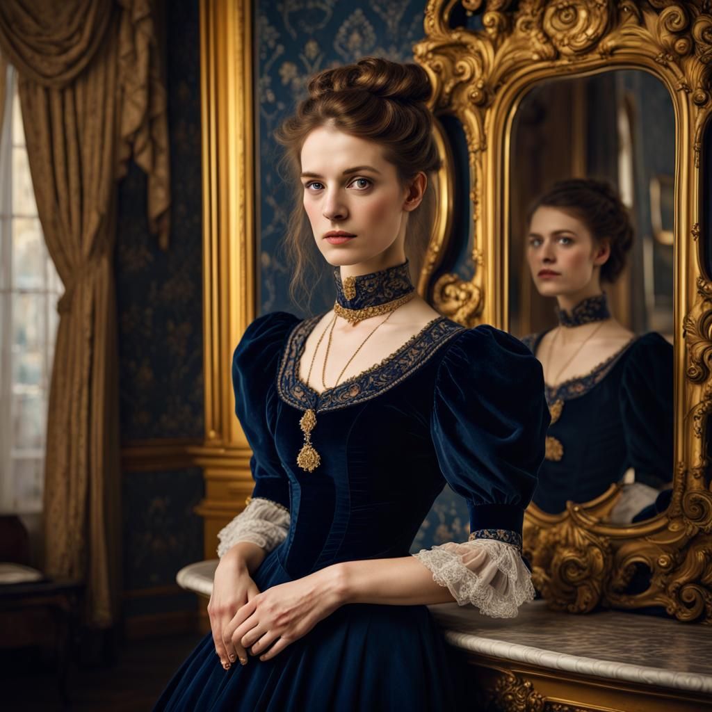 Victorian Woman in Blue Velvet Dress Portrait