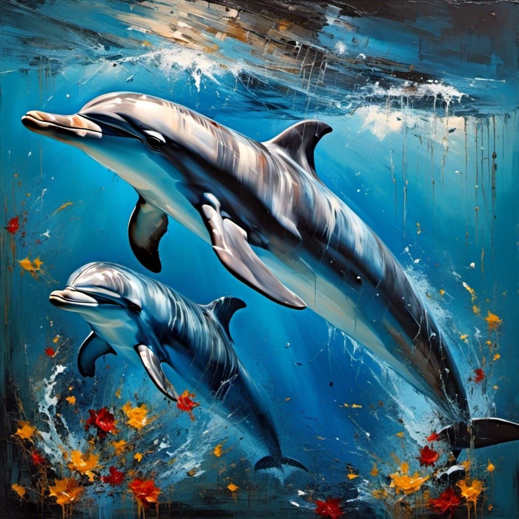 Dolphin Leaping in Hypertextured Mixed Media Style