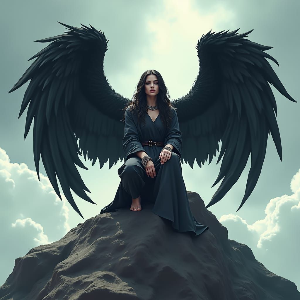 Fallen Angel Kneeling on Apocalyptic Peak: Cel-Shaded Art