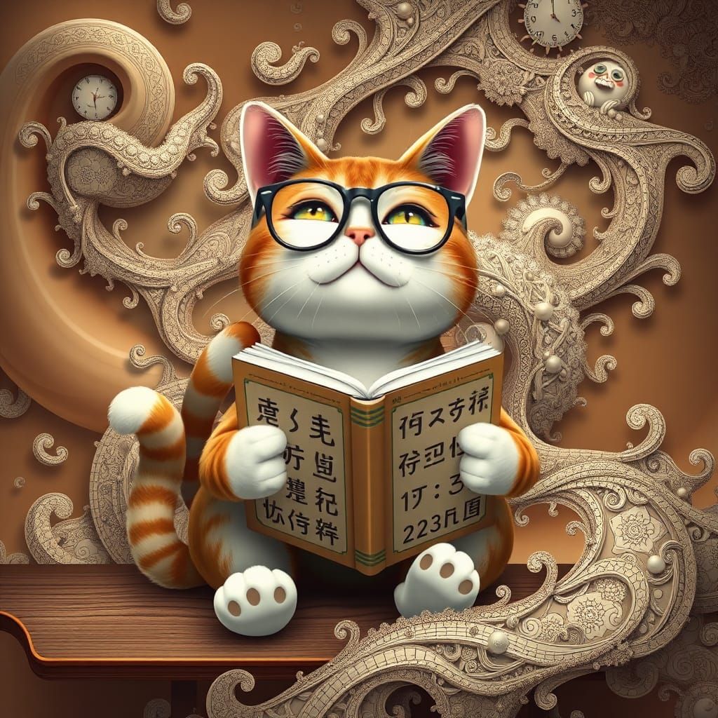 Cat Scholar Surrounded by Abstract Mathematical Art
