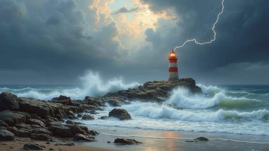 Stormy Seascape with Lighthouse in Atmospheric Lighting