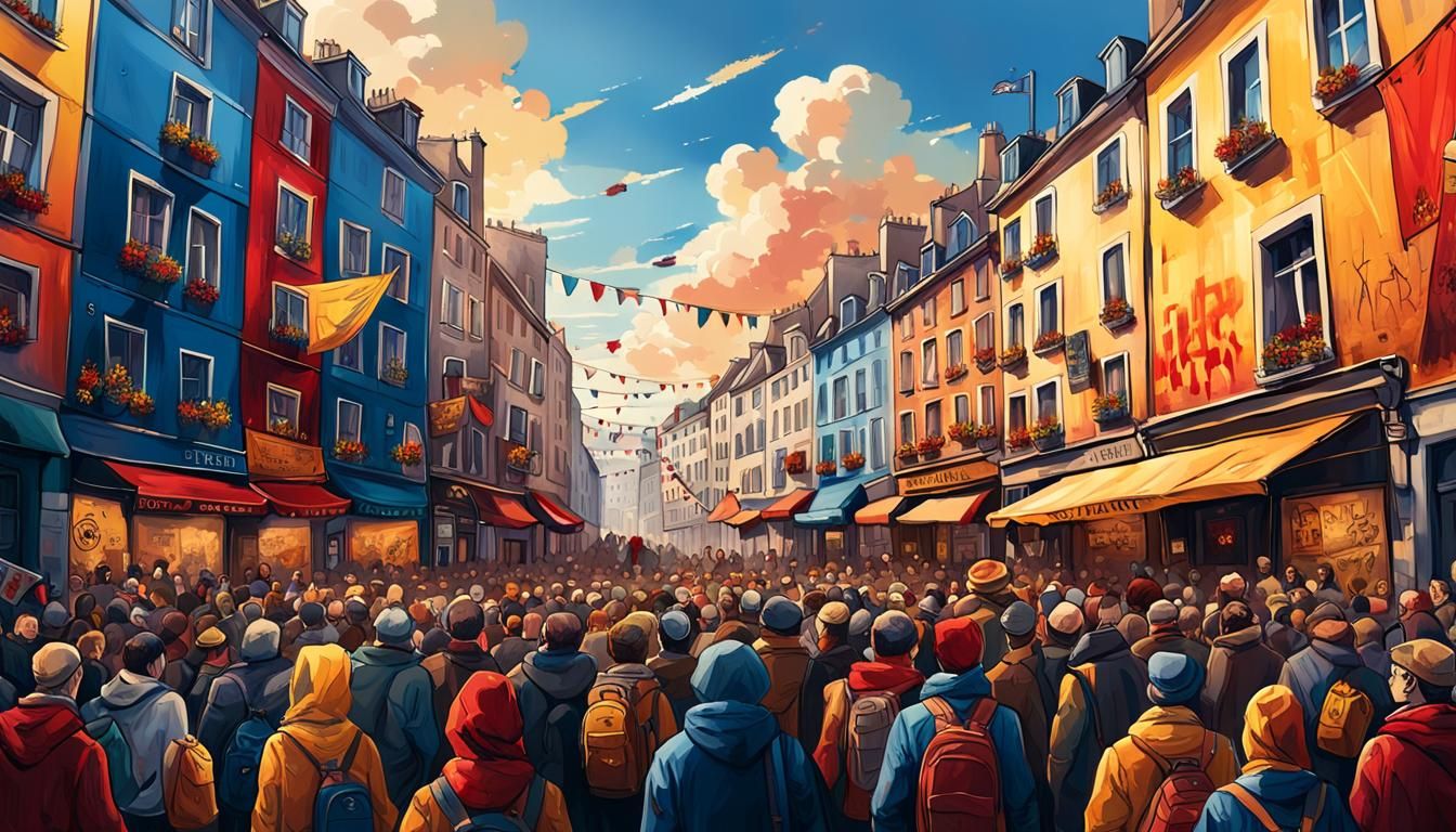 European Cityscape Protest: Hyperrealistic Matte Painting