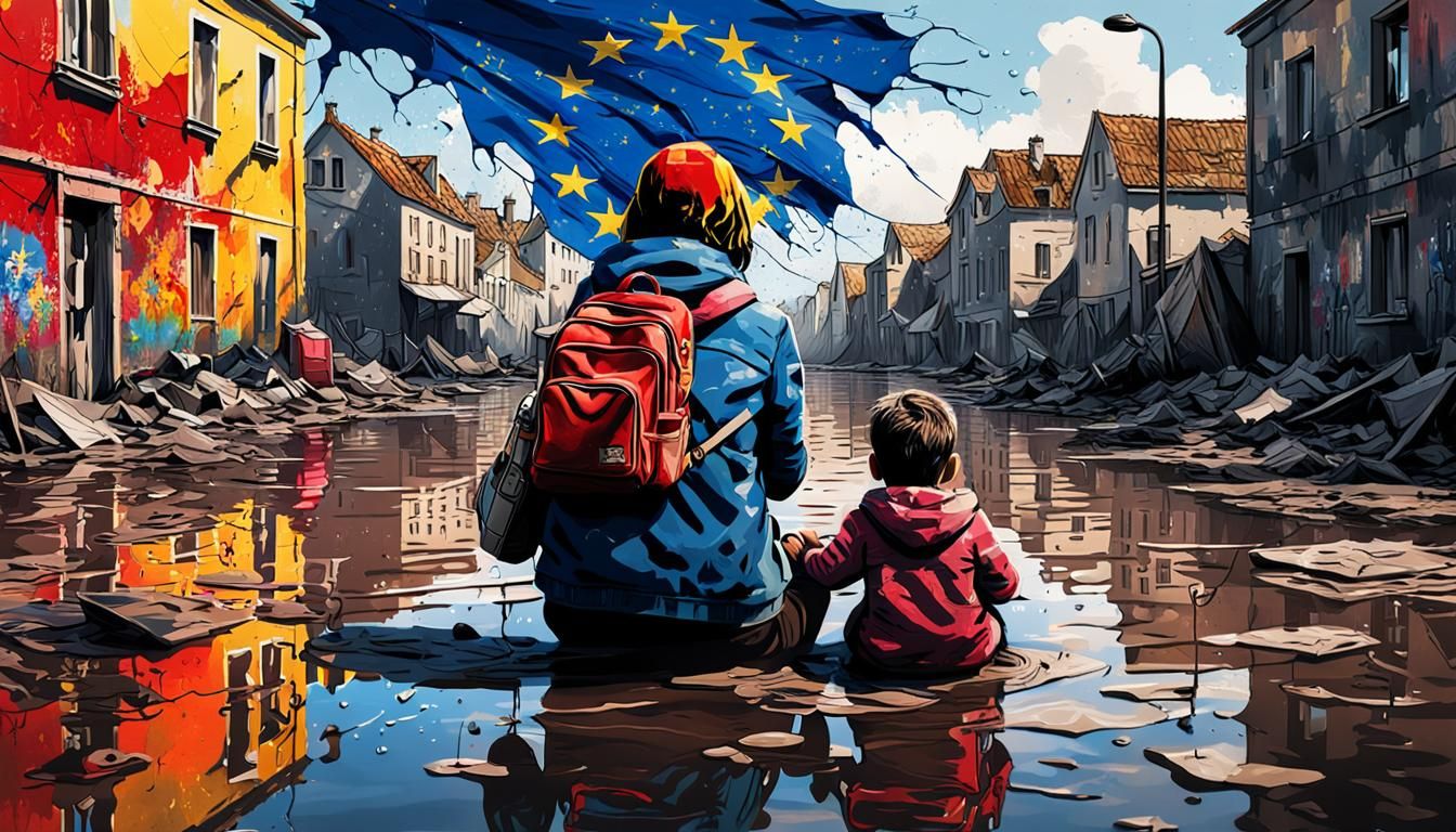 Banksy-Style Stencil Art: Migrant Mother and Child