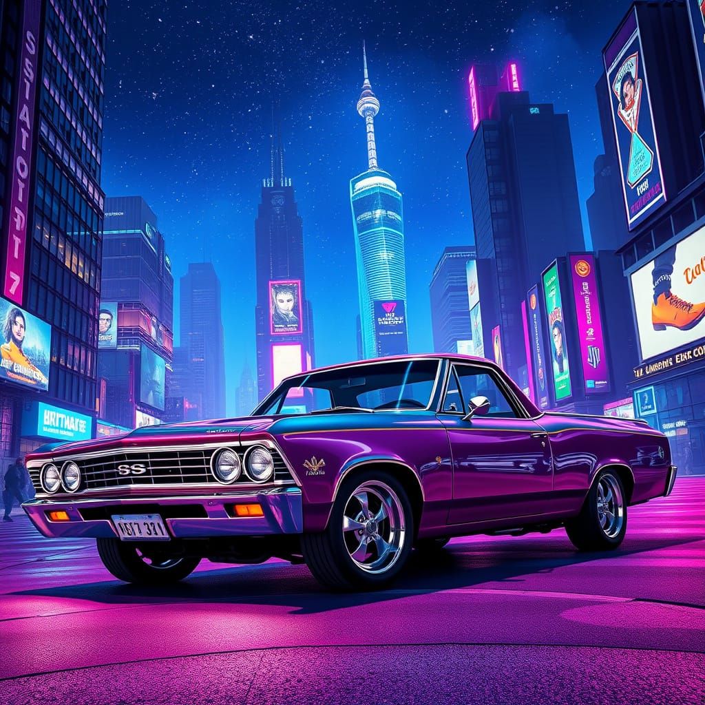 Futuristic El Camino in Neon Cityscape