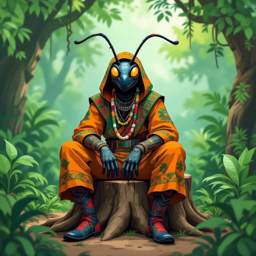 Anansi the Spider in African Attire Amidst Lush Foliage