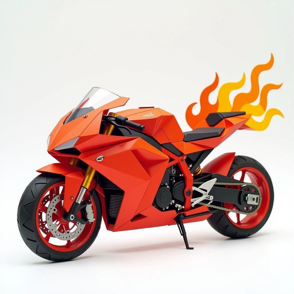 Origami Motorcycle with Fiery Paper Accents