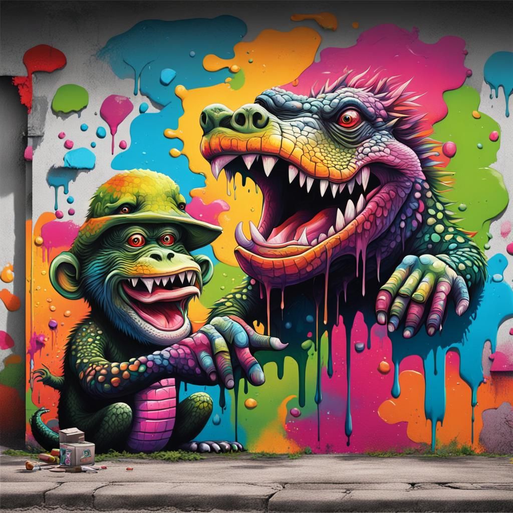 Humorous Hybrid: Crocodile-Monkey in Graffiti Art