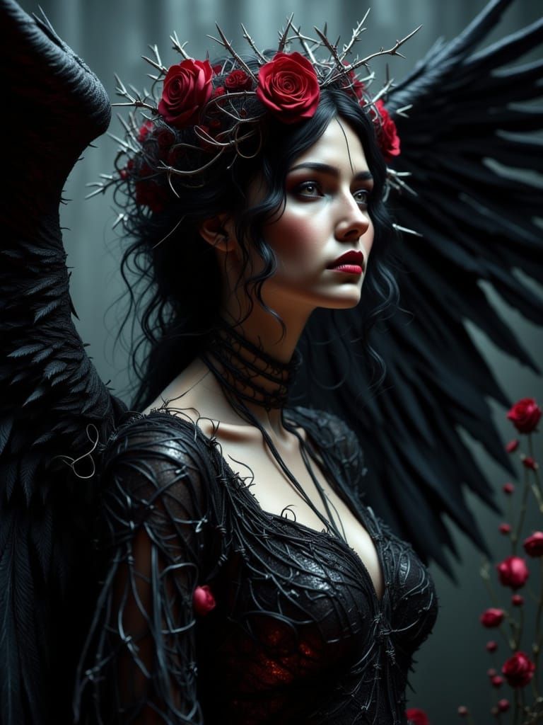 Fallen Angel with Barbed Wire Crown and Blood Roses