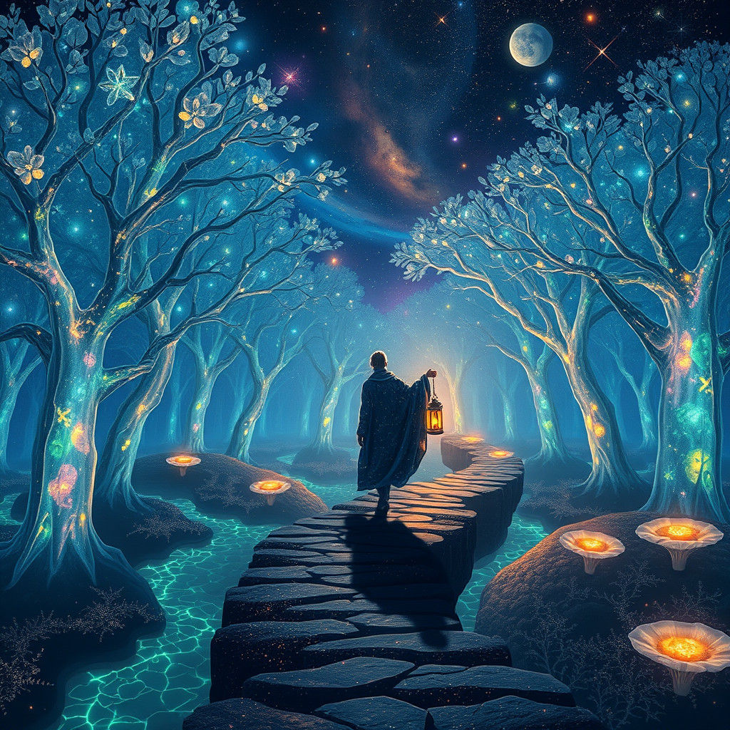 Ethereal Forest with Crystalline Trees and Stardust River