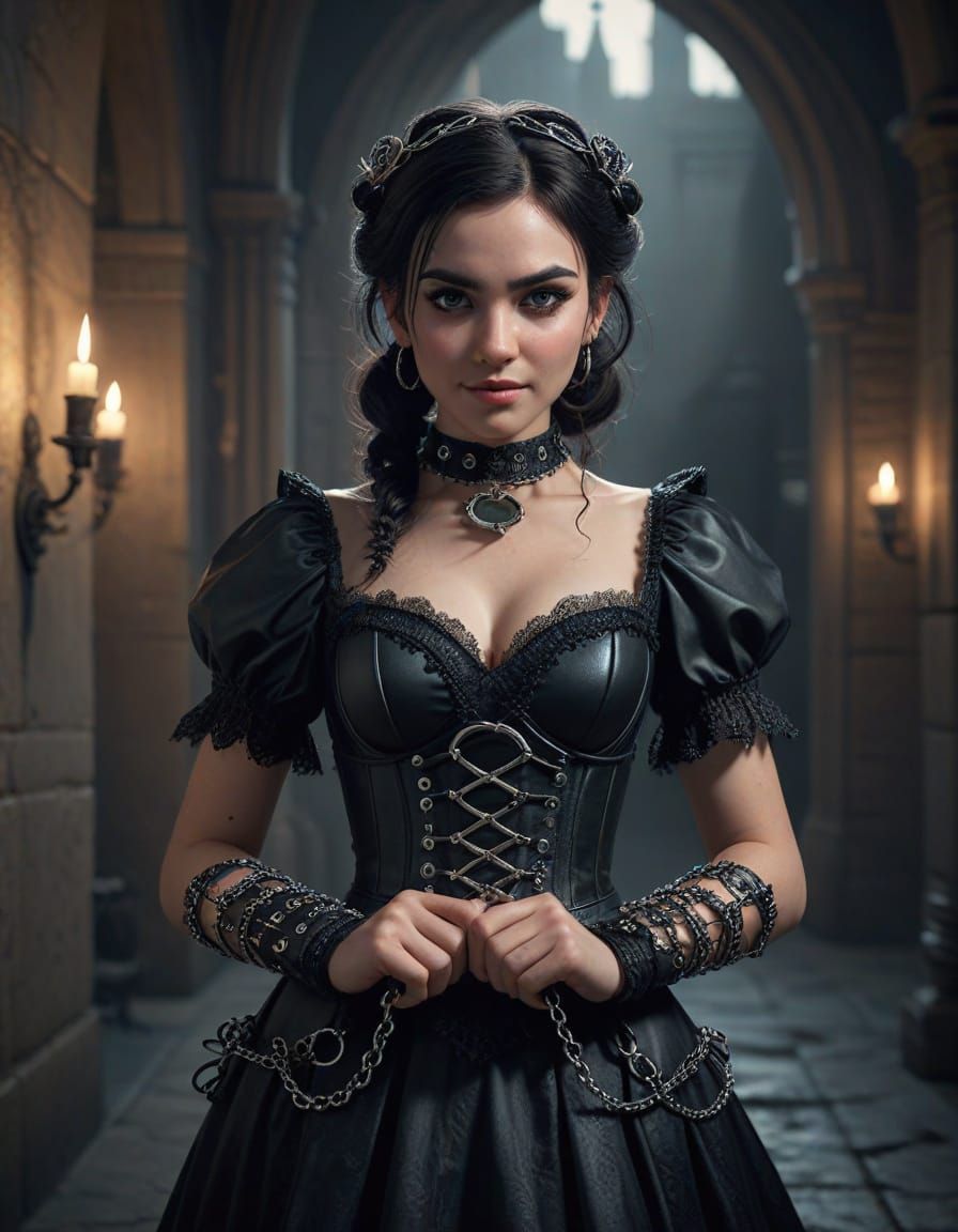 Gothic Pixie in Chrome Chainmail Gauntlets