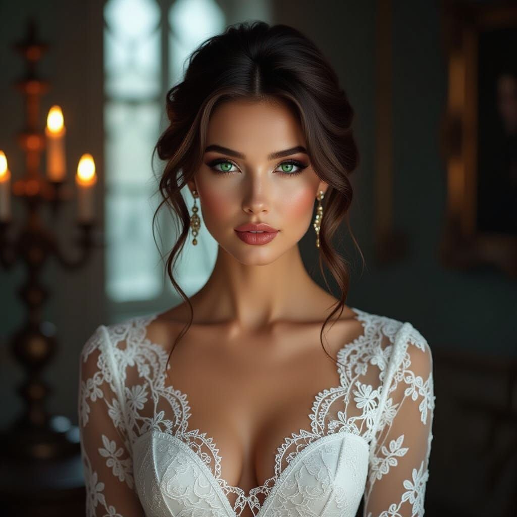 Renaissance Woman in Candlelight with Emerald Eyes