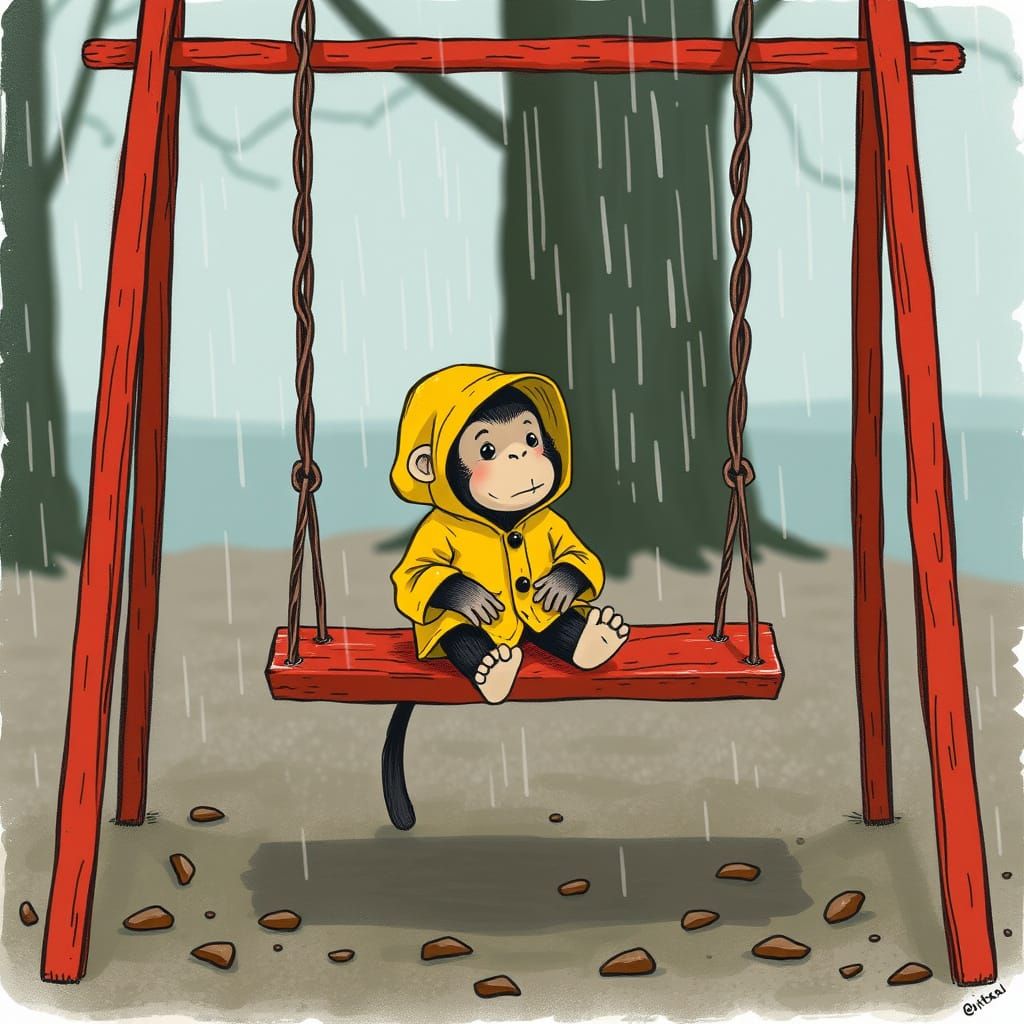 Sad Monkey in Raincoat on Swing, Whimsical Art