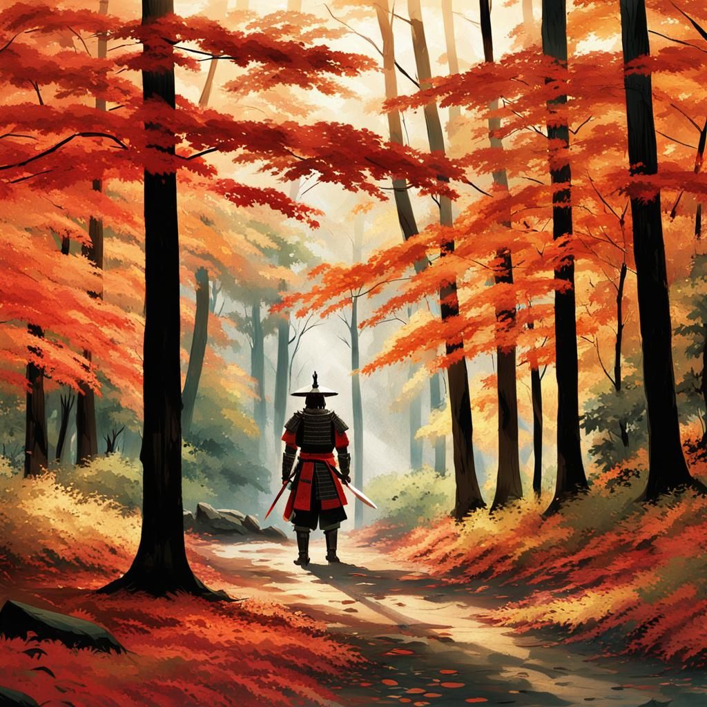 Samurai in Forest: Japanese Ink Concept Art