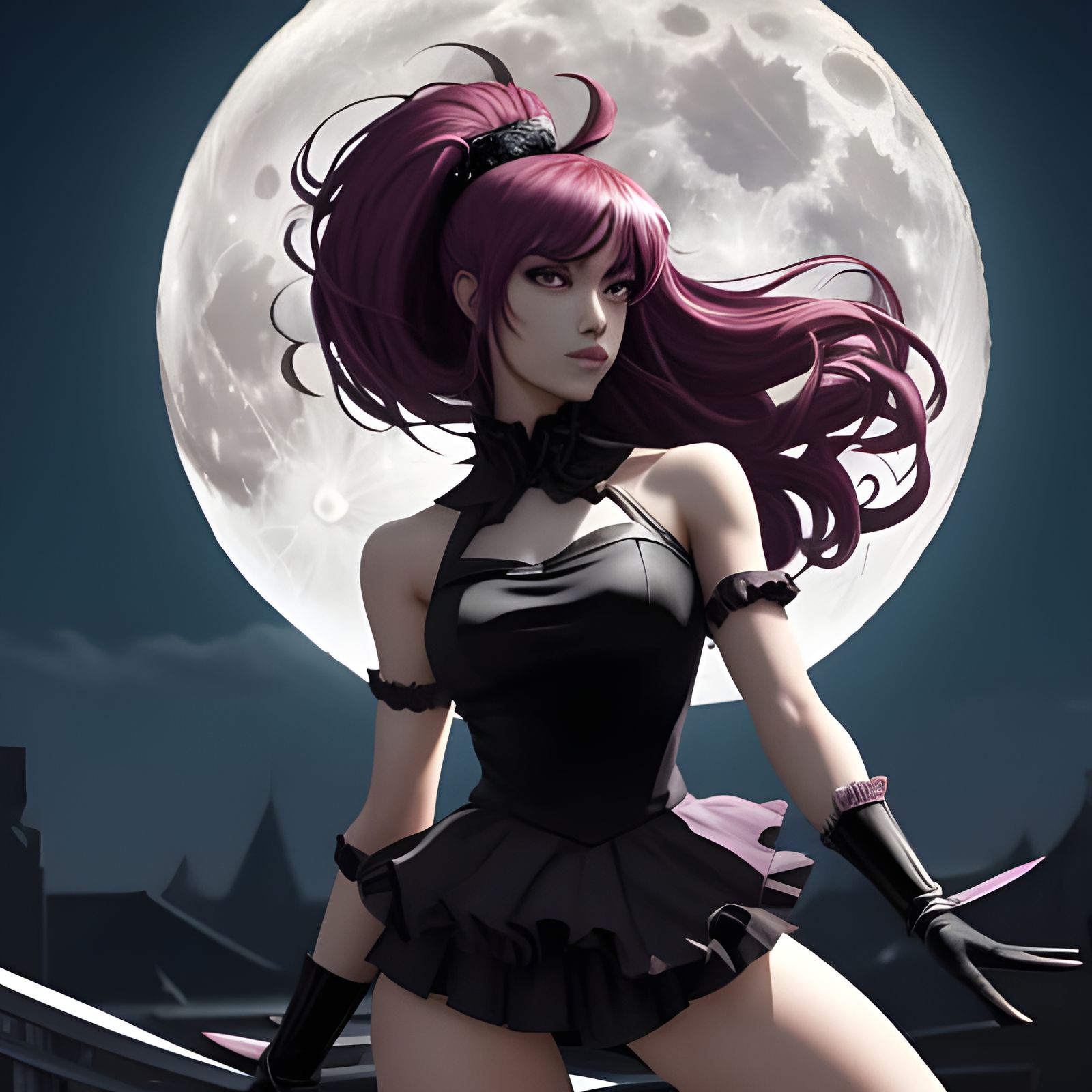 Dancing Woman Silhouette with Full Moon, Anime Style