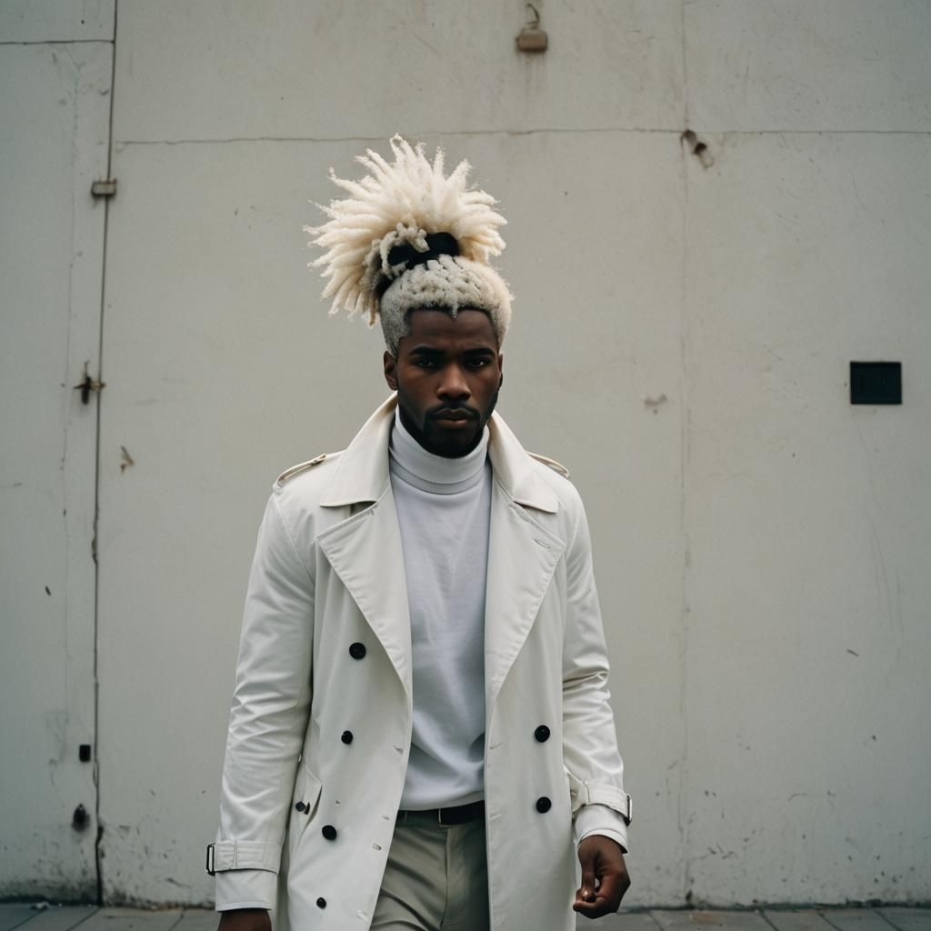 Dramatic Film Still of Stylish Man with Platinum Afro