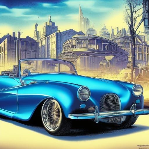 Classic Car Riverside View in Comic Book Art Style