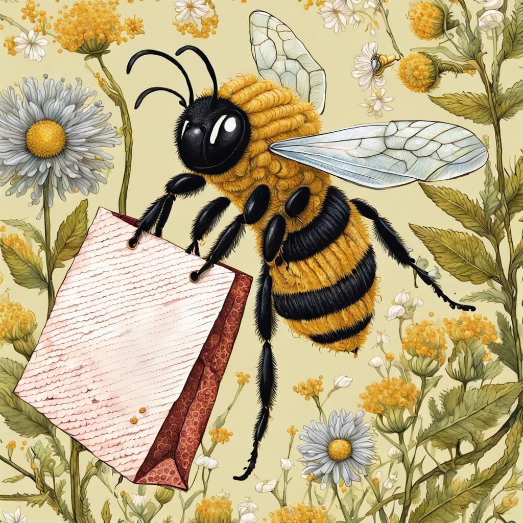 Bee with shopping bag full of collected pollen.