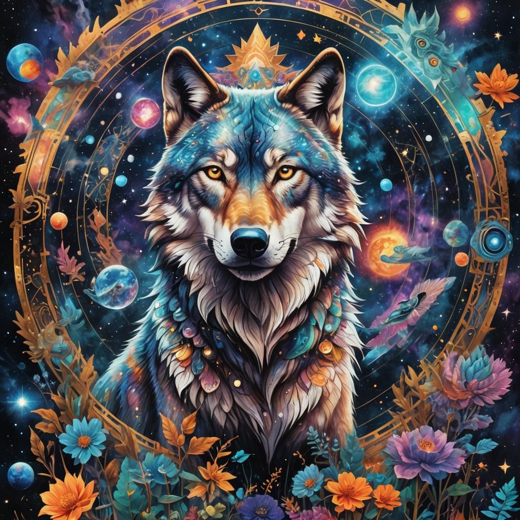 Cosmic Wolf Consciousness: Holographic Mixed Media Art