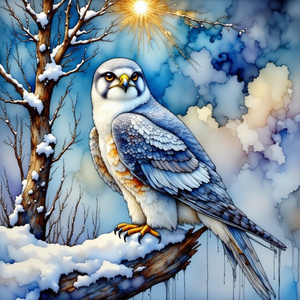 Cute White Falcon on Snowy Log in Golden Light