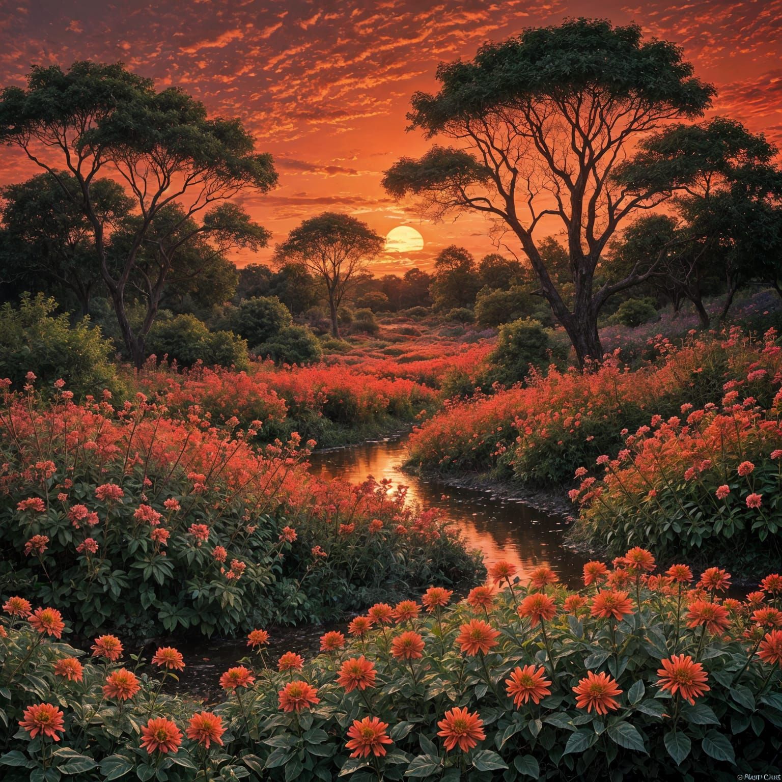 Sunset Landscape with Red Light