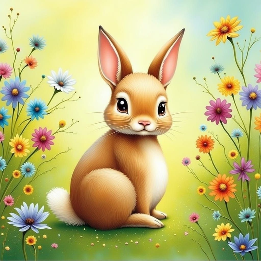 Adorable Rabbit in Meadow, Whimsical Watercolor Style
