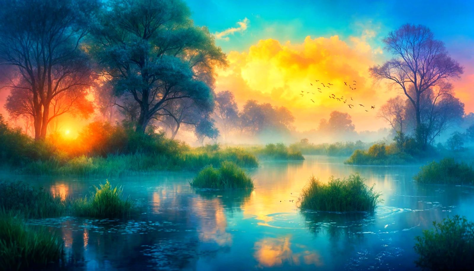 Ethereal Pond Landscape at Twilight in Digital Art