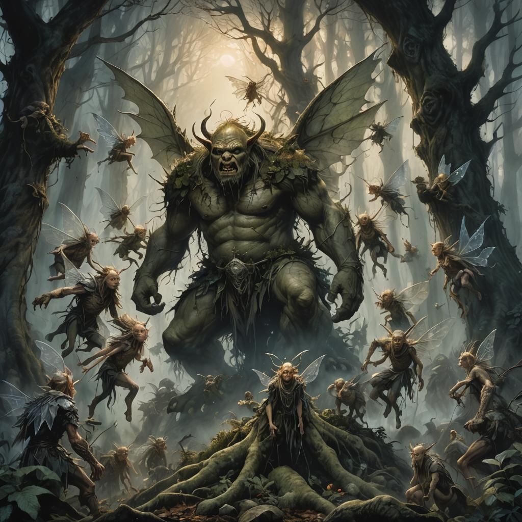 Ogre Fairy Battle in Dark Fantasy Style