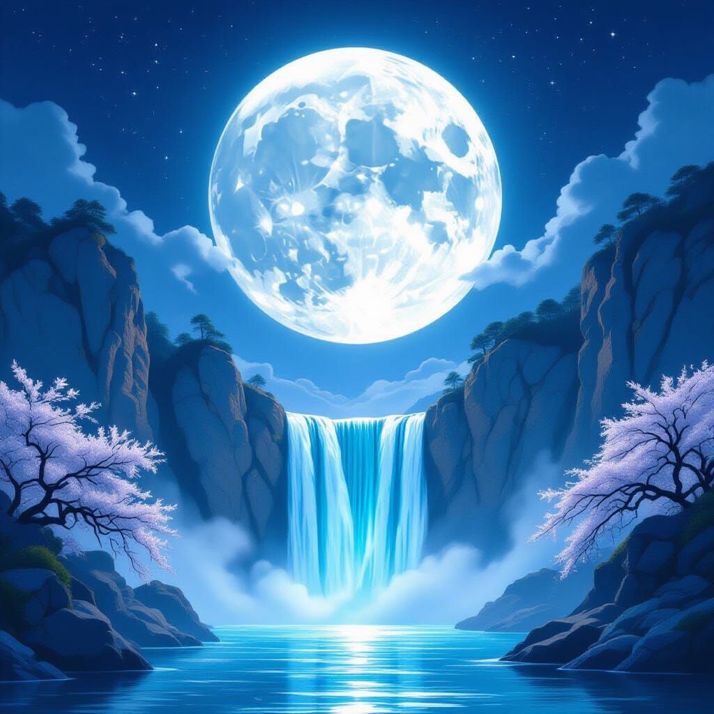 Luminous Moon over Turquoise Waterfall: Digital Art
