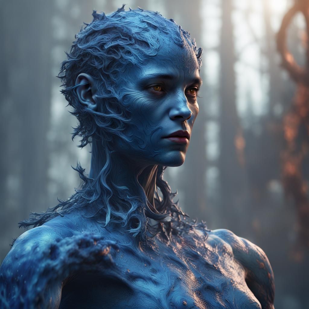 Blue Paint Humanoid: Detailed Fantasy Concept Art