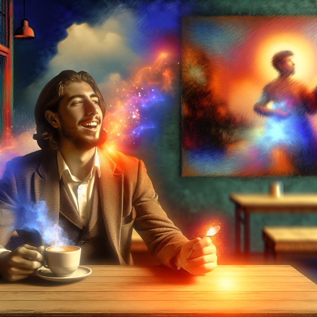 Jesus in Modern Clothes Drinking Coffee, Hyper-Realistic Art