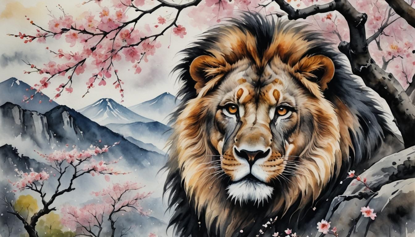 Sumi-e Lion with Cherry Blossom Mountain