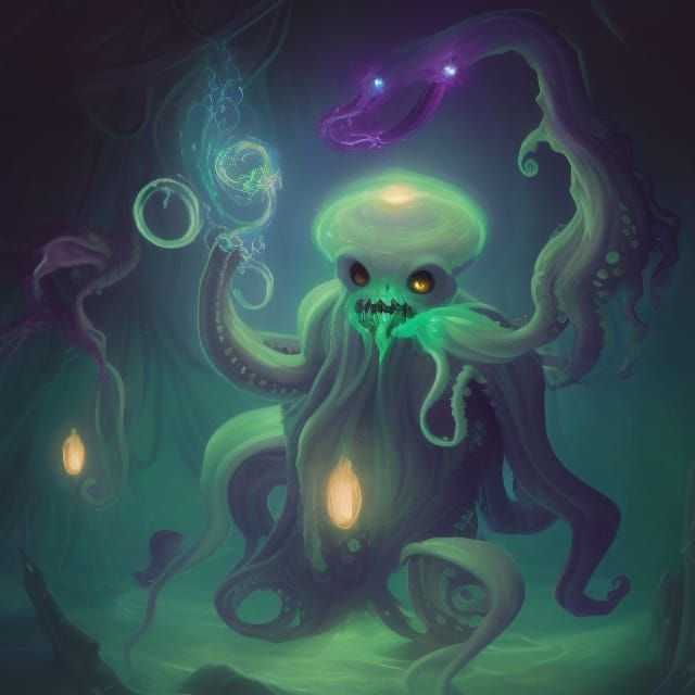 Friendly Bioluminescent Cthulhu in Whimsical Illustration