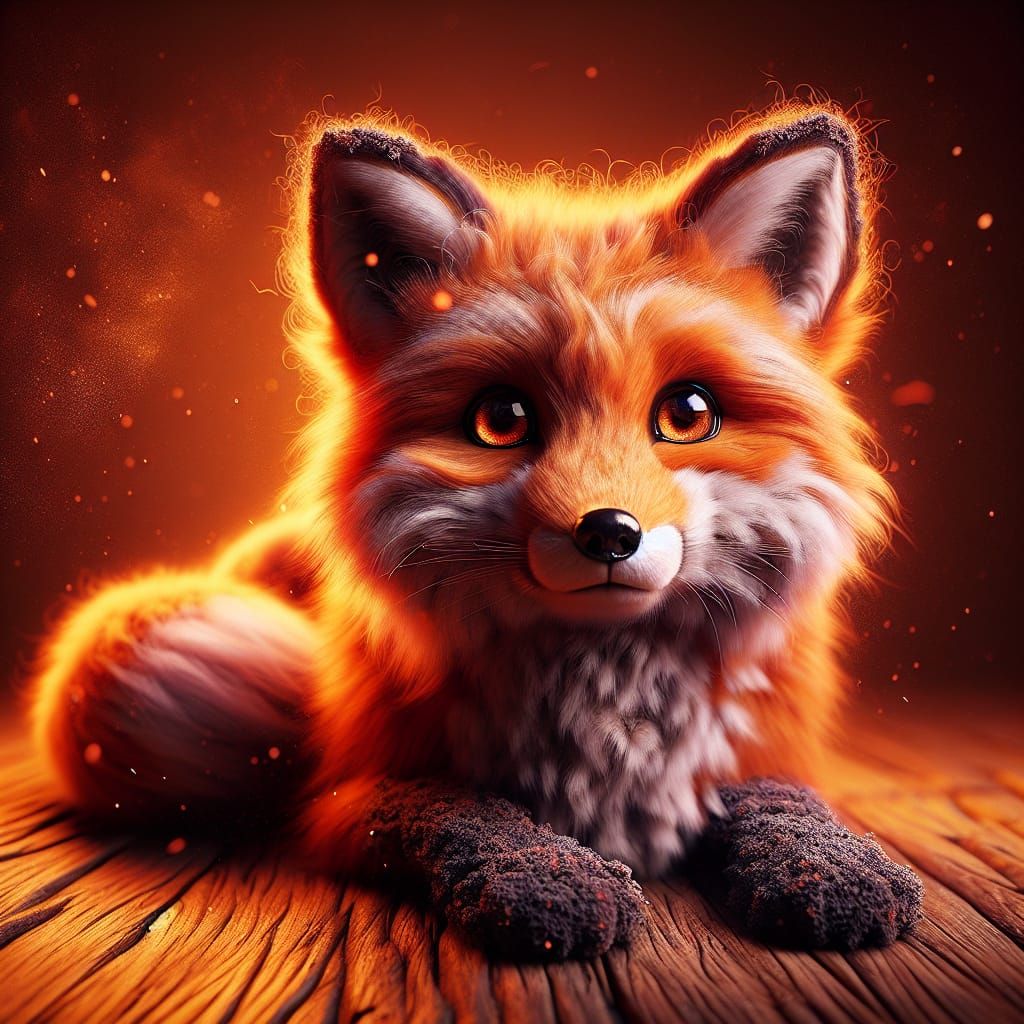 Hyperrealistic Fiery Fox on Wood Surface