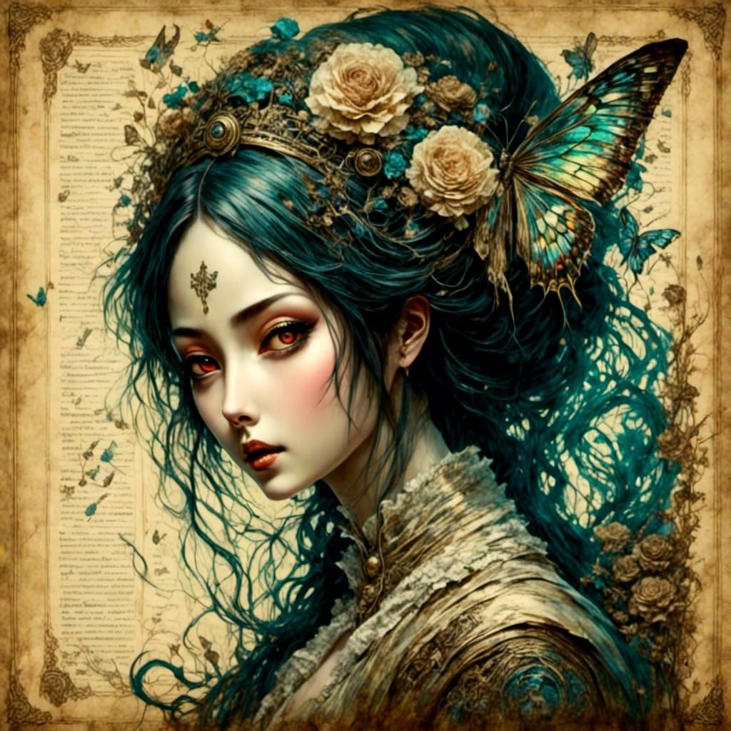 Holographic Gothic Alice in Wonderland on Antique Paper