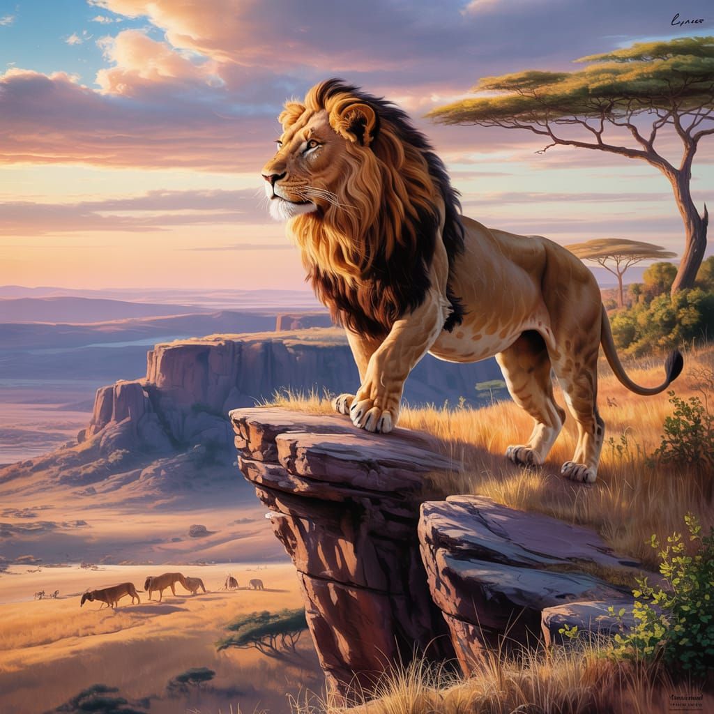 Lion Overlooking Savannah in Impressionistic Watercolour