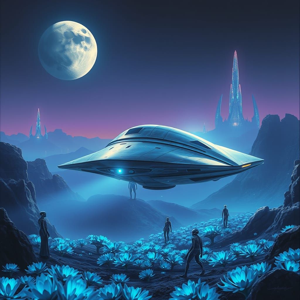 Ethereal Alien Spacecraft Descends on Glowing Planet