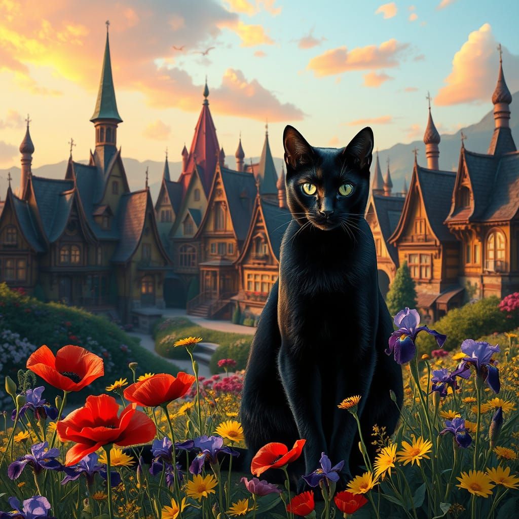 Dreamlike Village at Sunset with Colorful Houses and Vibrant...