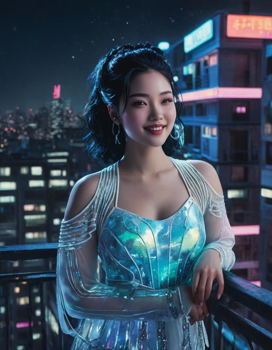 Cyberpunk Woman on Balcony with Neon Lighting