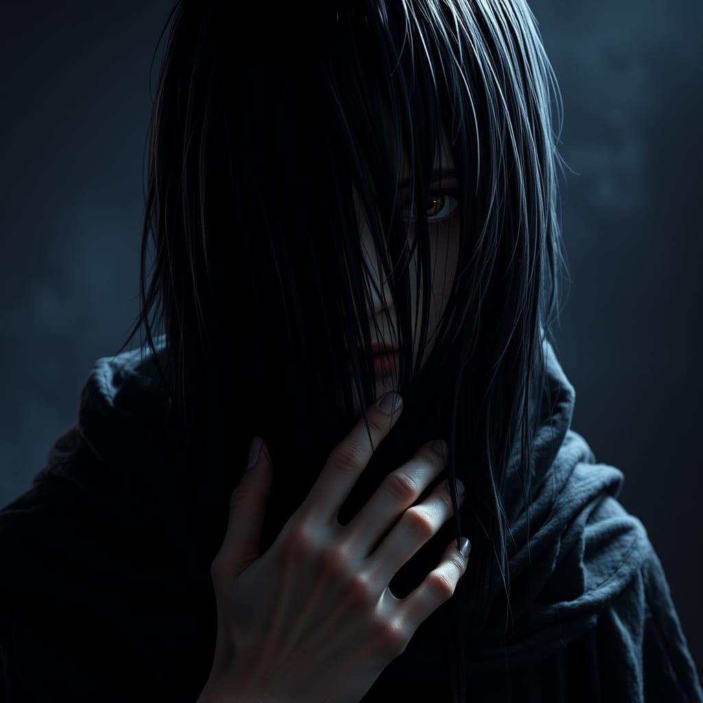 Dark Fantasy Youth with Waist-Length Jet-Black Hair