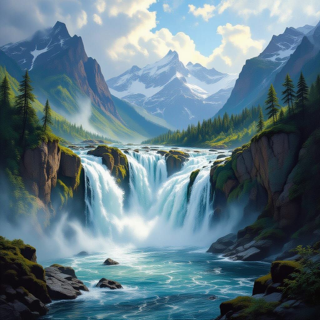 Majestic Waterfall in Mountain Landscape, Realistic Style