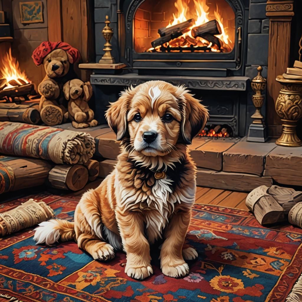 Puppy on Rug by Fireplace in Astral Illustration Style