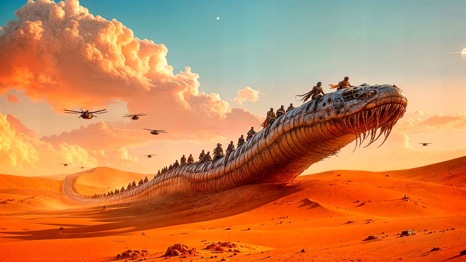 Fremen Warriors Ride Majestic Sandworm into Dune Dawn