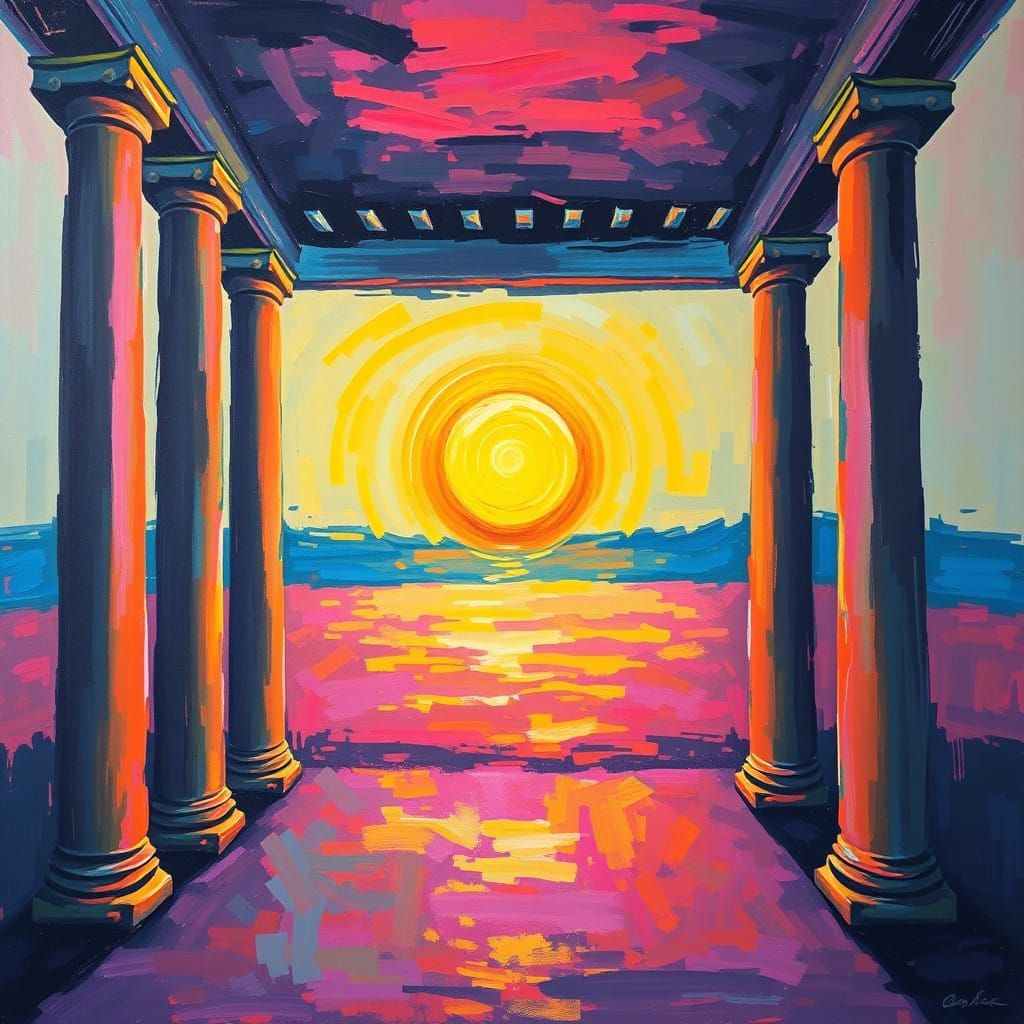 Neo-Expressionist Room Scene with Sunset and Golden Orb